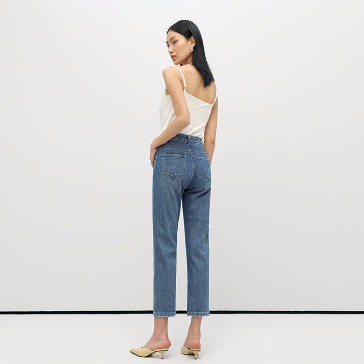 2025 Summer new high-waisted four-sided universal elastic simple thin and high jeans women's nine-point pants straight jeans