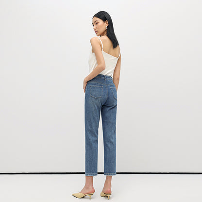 2025 Summer new high-waisted four-sided universal elastic simple thin and high jeans women's nine-point pants straight jeans