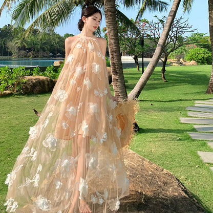 2025 sleeveless neck off-the-shoulder dress for children's summer temperament super fairy morning robe vacation high-end beach dress