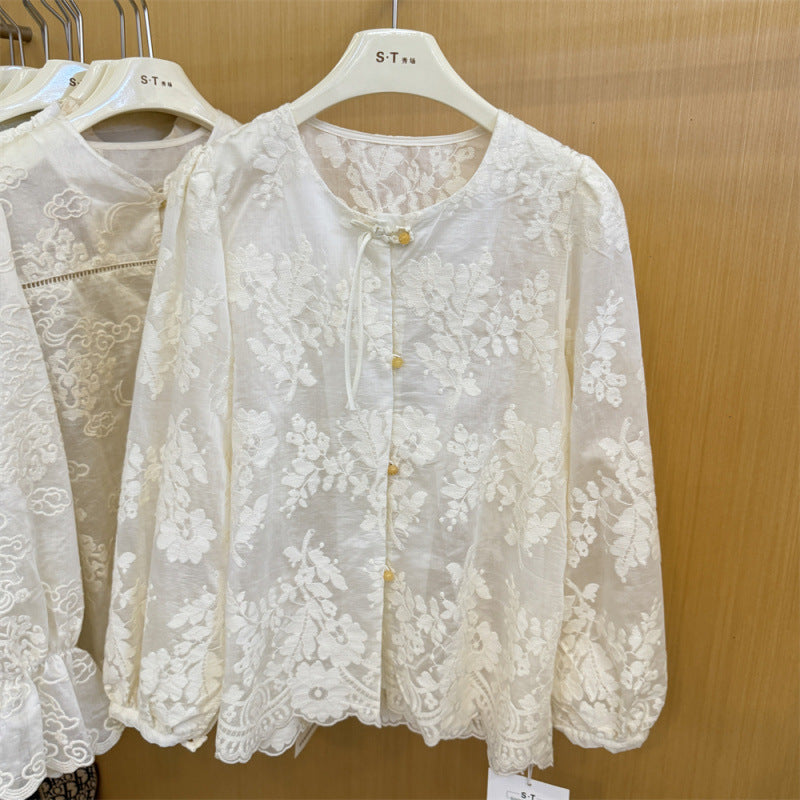 Guofeng button jacquard perspective long-sleeved shirt women's popular autumn new loose bubble sleeve lace shirt top