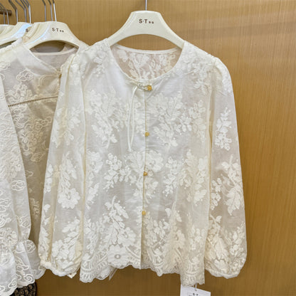 Guofeng button jacquard perspective long-sleeved shirt women's popular autumn new loose bubble sleeve lace shirt top