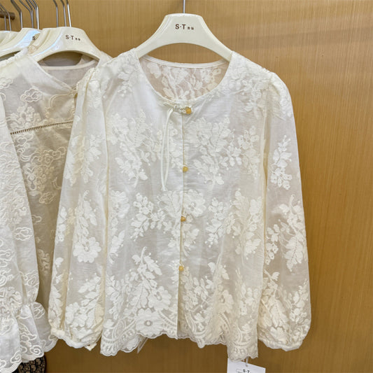 Guofeng button jacquard perspective long-sleeved shirt women's popular autumn new loose bubble sleeve lace shirt top