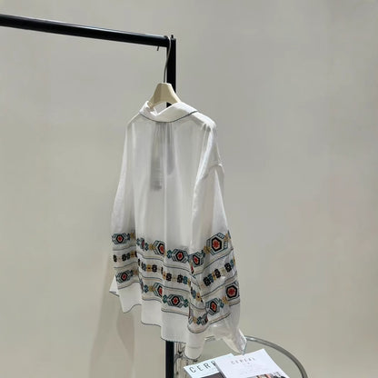 2025 Elegant ethnic style! Niche retro pattern embroidery edging cotton skirt + shirt top set
