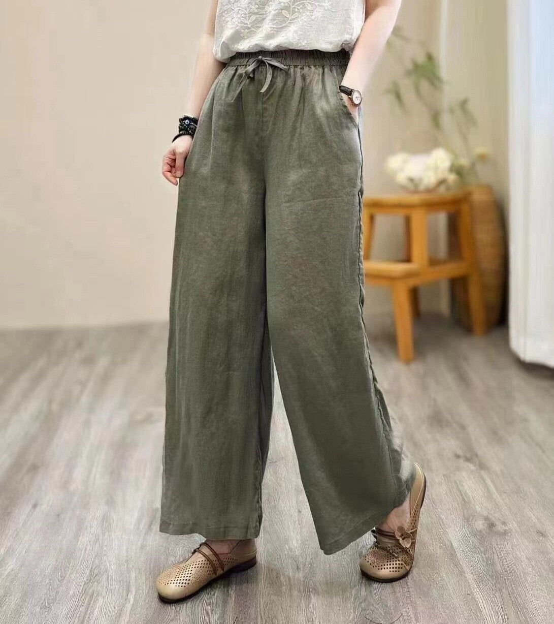 flowersverse Jianmeng Youyou Linen Wide-Leg Pants  Spring New Style Inner Edge Casual Pants for Women Elastic Waist Pants 8826