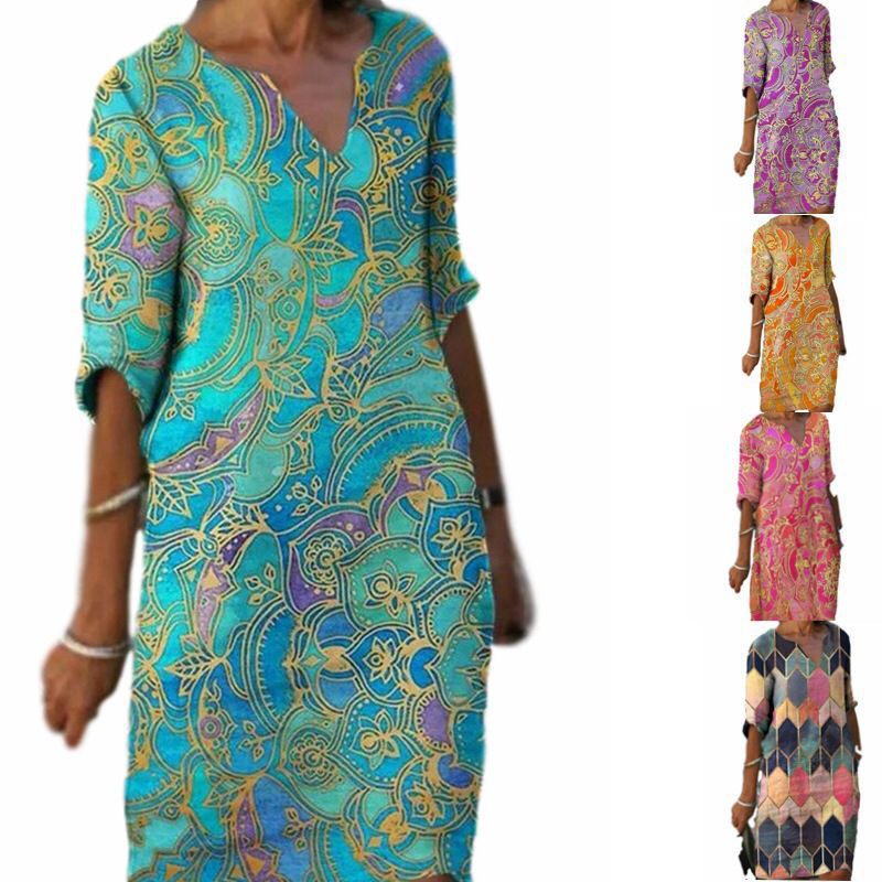 FLOWERSVERSE wish 2025 Popular trade women's clothing V-neck medium and long-sleeved dress multi-color printed skirt children