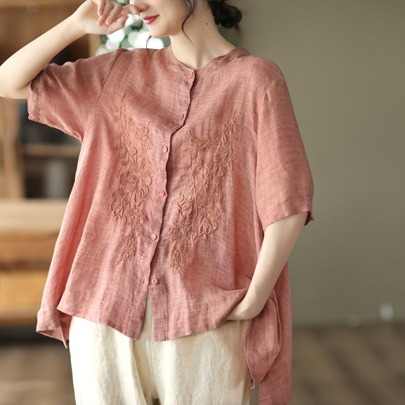 Retro literary and artistic embroidered cotton and linen shirt summer  new temperament loose shirt casual top women