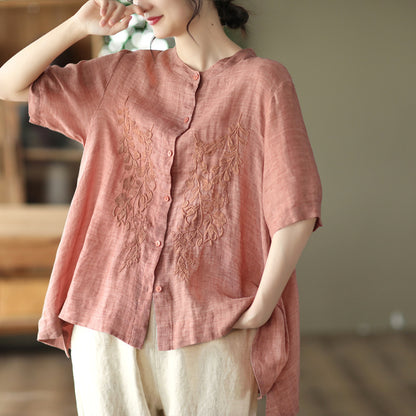 Retro literary and artistic embroidered cotton and linen shirt summer  new temperament loose shirt casual top women