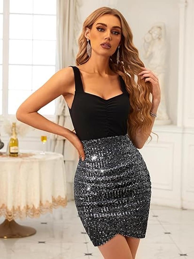 FLOWERSVERSE New Summer Women's Double Spell Shiny Sequins Skinny Suspender Sleeveless V-Neck Pleated Shiny Mini Party Club
