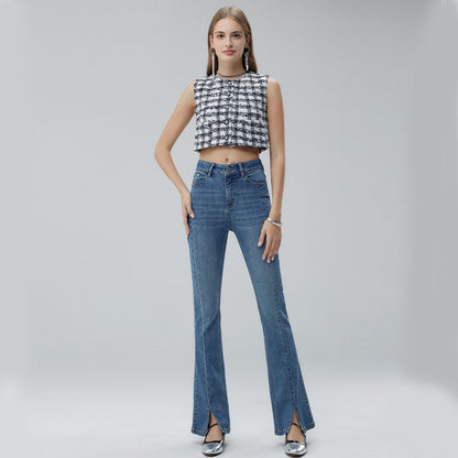 2025 High-end women's clothing summer Xinjiang long-staple cotton micro-elastic stylish split fork shows height and thinness denim horn trousers