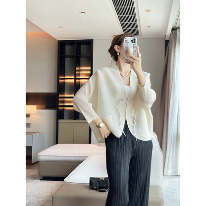 Folds  autumn new Chinese style improved button short coat women's zen temperament versatile white top women