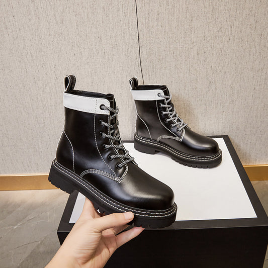 2025 autumn new white lace-up short boots thick-soled round-headed women's boots spring and autumn single boots Martin boots summer thin