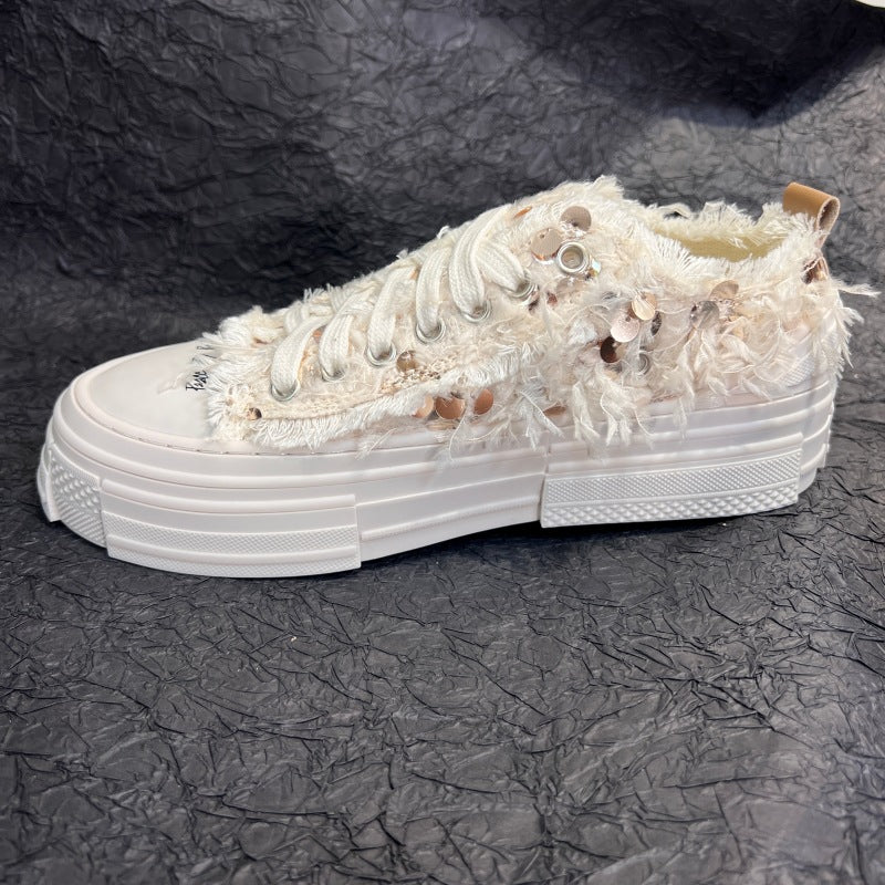 flowersverseSwan Heart Wu Jianhao Same Style Beggar Shoes Pink Feather Sequins Platform Canvas Shoes Fairy Casual White Shoes