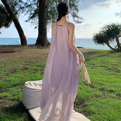 2025 Pure desire flower purple suspender dress seaside vacation long dress summer beach skirt temperament sleeveless fairy skirt