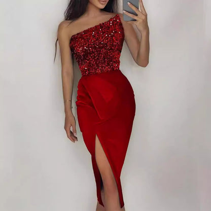 FLOWERSVERSE 2025 New Popular trade new red sequined fairy long sleeveless fashion body temperament medium and long evening dress