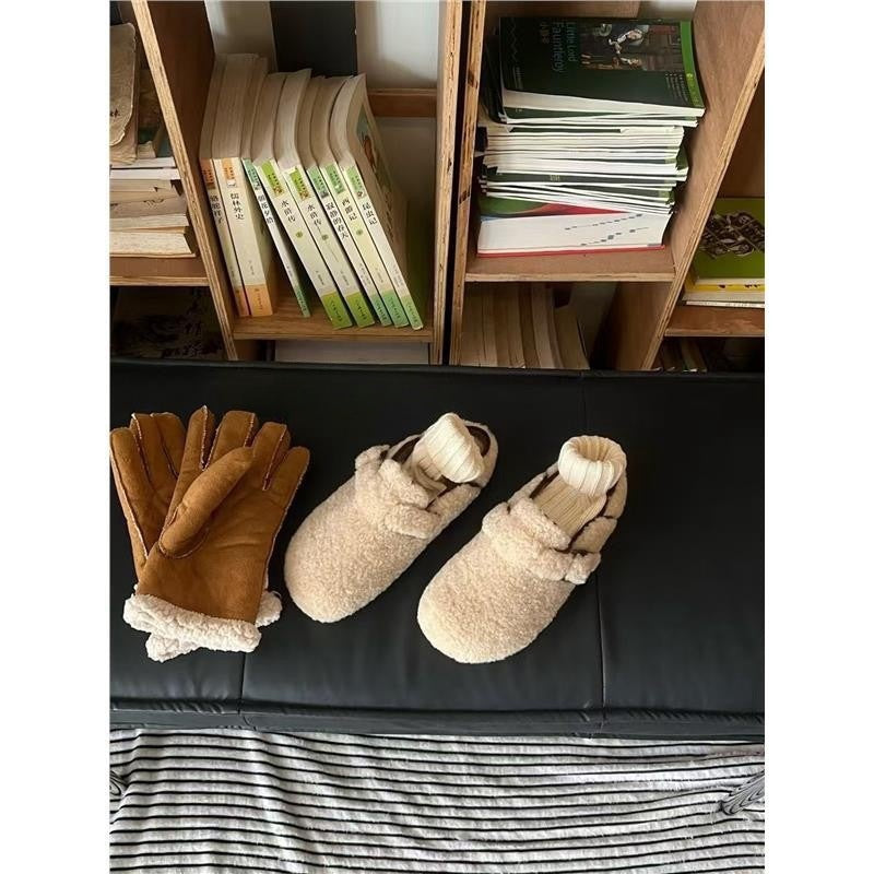 2025  Autumn and winter warm fluffy Birkenstocks bag head half slippers women wear velvet cotton slippers