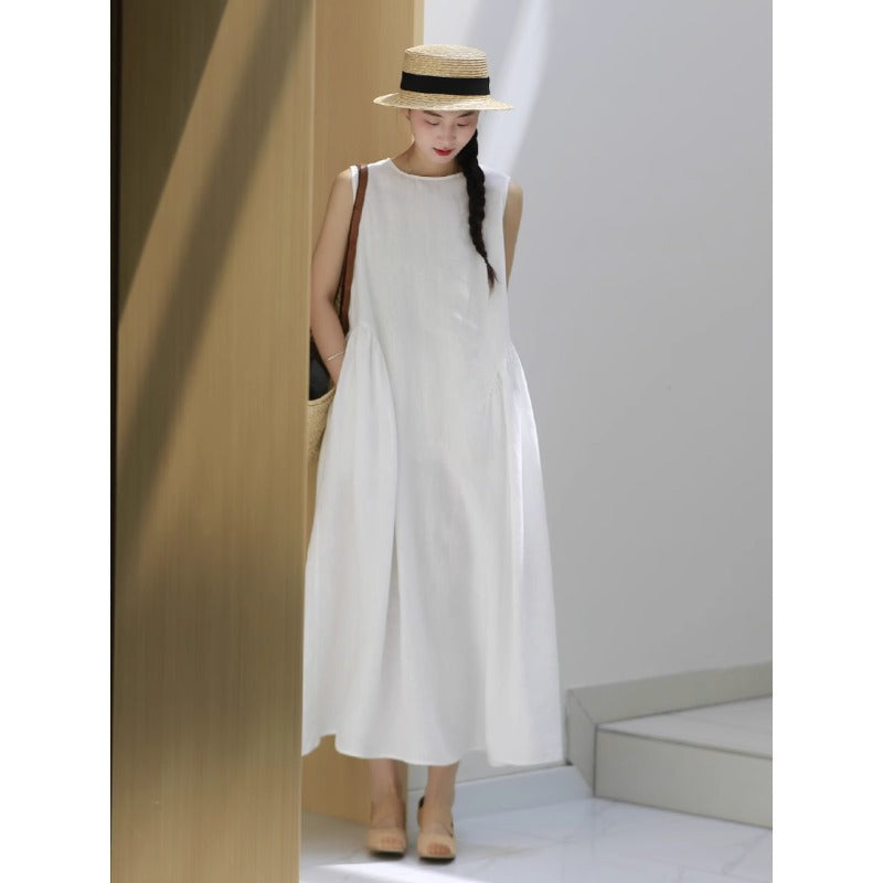 summer new simple solid color loose temperament vacation vest dress high sense medium and long dress