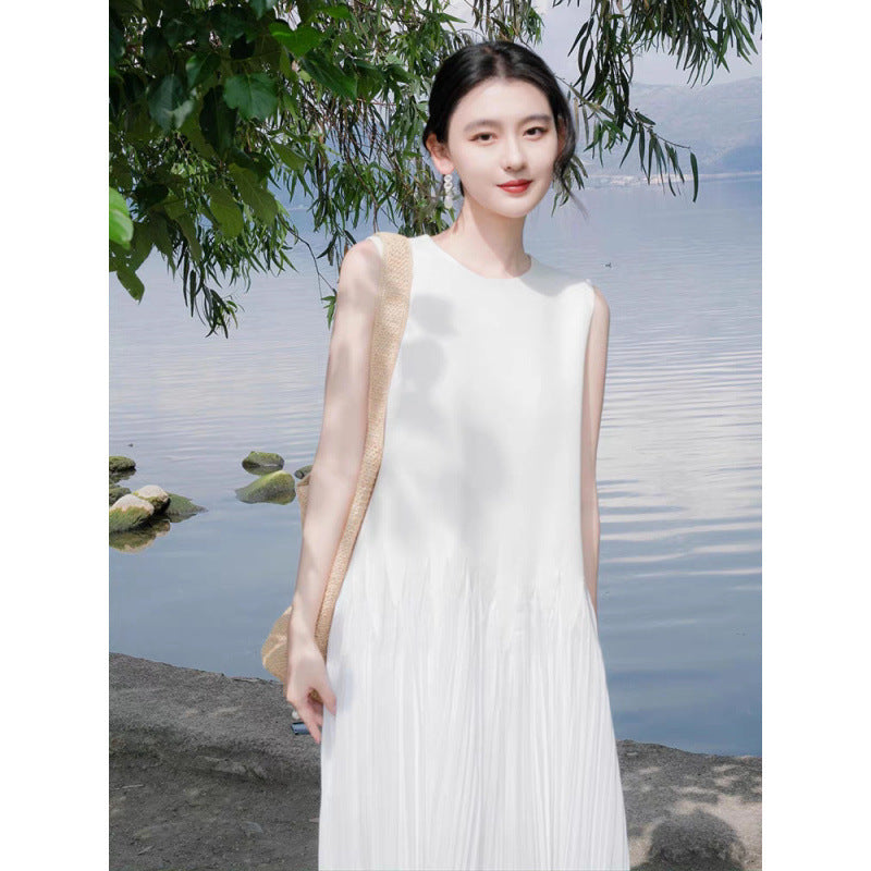 high-end temperament white sleeveless vest skirt travel dress women's summer seaside vacation super fairy long dress