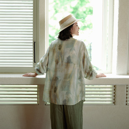 Shirt women's summer, ink printing stand-up collar long-sleeved cardigan, casual loose retro shirt top women B0639