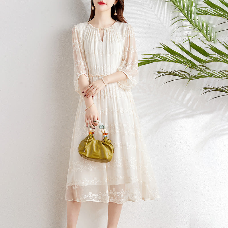 2025 Silk embroidery daughter wind skirt mulberry silk dress  white medium and long large size women's clothing summer