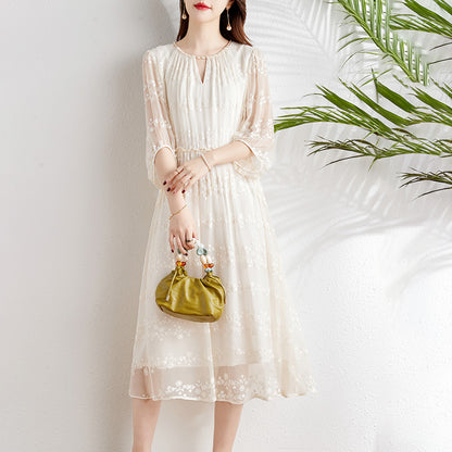 2025 Silk embroidery daughter wind skirt mulberry silk dress  white medium and long large size women's clothing summer