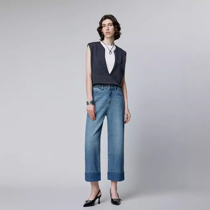 2025 popular new autumn women's nine-point pants, high-waisted retro blue jeans, black denim nine-point pants with flip edges