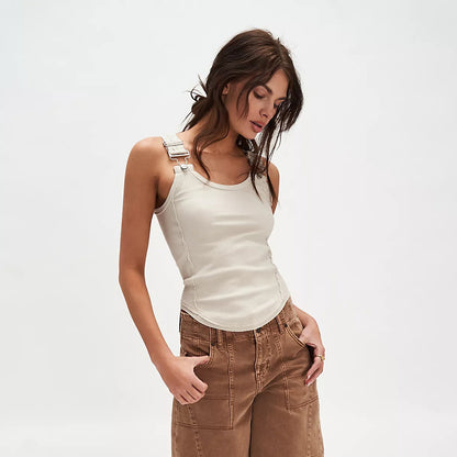 spring new strap buckle sling vest women wear fashion hot girls solid color lunch break waist top Popular trade