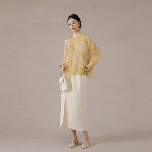 Women's long skirt spring and summer, national style women's clothing high-end sense, improved jacquard elastic waist medium and long skirt B0309