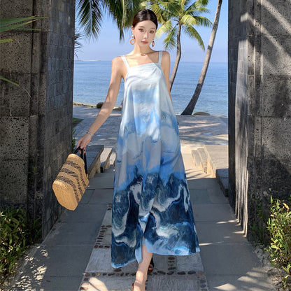 2025 New Chinese retro ink painting smudge suspender dress women's summer Chinese style temperament seaside vacation beach dress