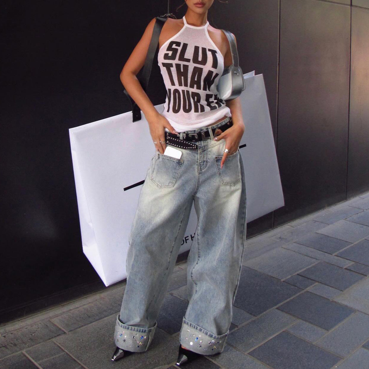 Spice Girls Fashion Letter Knitted Suspender Printing Summer Sexy Slim Skinny Versatile Street Female Customization