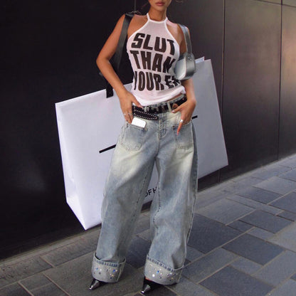 Spice Girls Fashion Letter Knitted Suspender Printing Summer Sexy Slim Skinny Versatile Street Female Customization