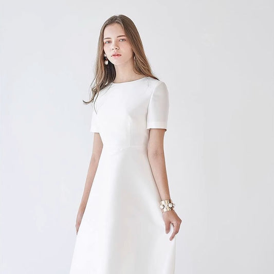 2025 satin minimalist light wedding dress short sleeve zipper crew neck daily certificate outdoor travel photography slim satin dress