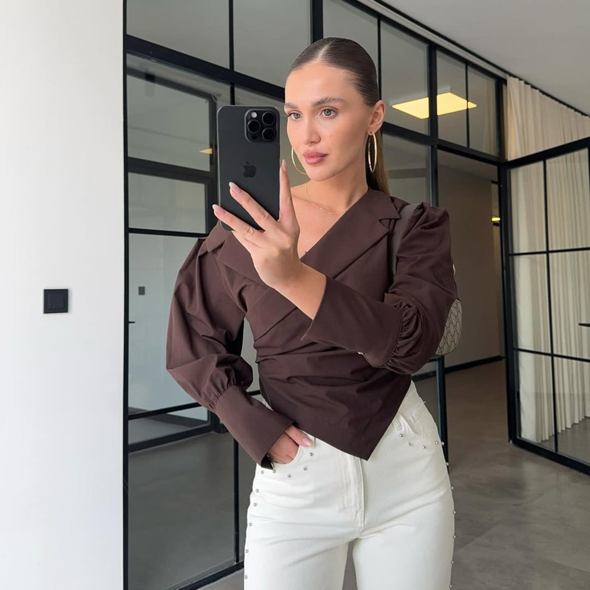 high-end light luxury summer solid color off-the-shoulder lapel lantern cuff waist design long-sleeved shirt