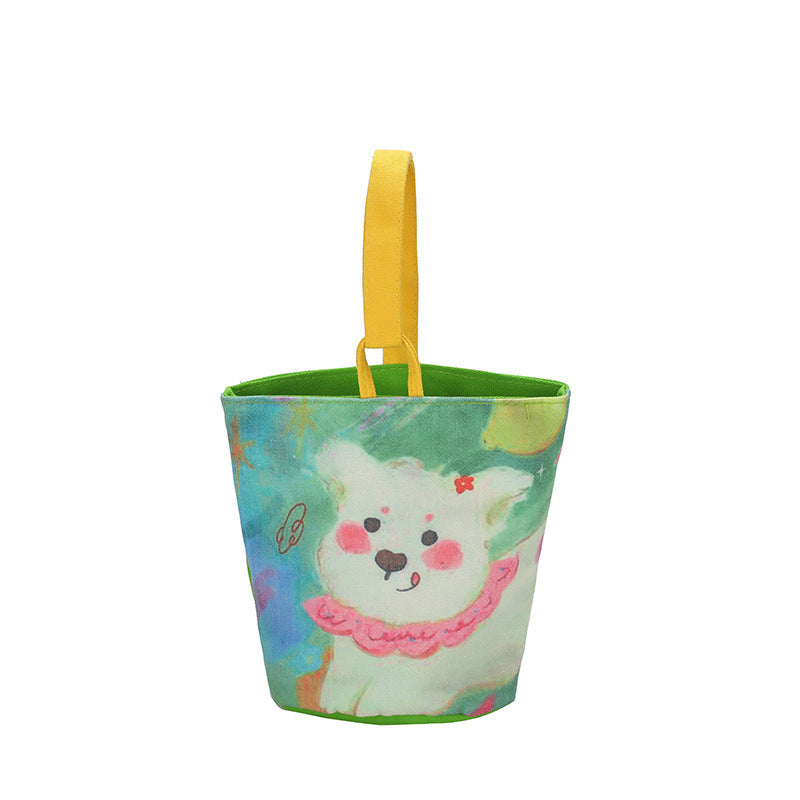 FLOWERSVERSE  New Cartoon Canvas Bag Bucket Bag Printed Cute Small Handbag Contrast Color Bento out Rabbit Small Carrying Bag