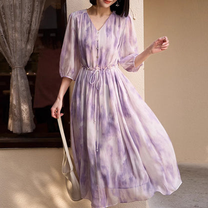 2025 Xiaoxian purple dress, smudge gradual change purple 100% mulberry silk waist printing dress  summer new women's clothing