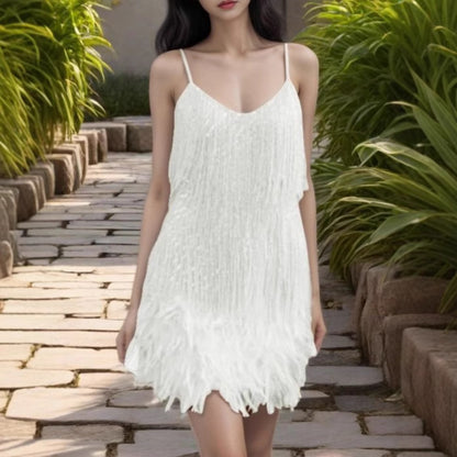 FLOWERSVERSE 2025 Hot Trade Cross-border Fashion Tassel Sequin Party Sexy V-Neck Suspender Feather Splicing Dress Dress