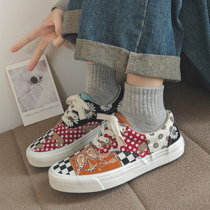 flowersverseSpring and Autumn New Plaid Retro Colorblock Board Shoes Men's and Women's Low-Top Couple Shoes Online Red Ins Fashion Canvas Shoes