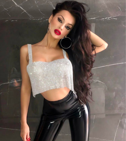 2025 New nightclubs bronzing hot silver sequins metal sling vest metal buckle short top outer wear women's BY0040