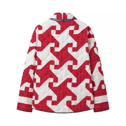 Cross-border women's clothing 2025 autumn and winter new European and American fashion ins large size loose lapel contrasting color printed cotton jacket