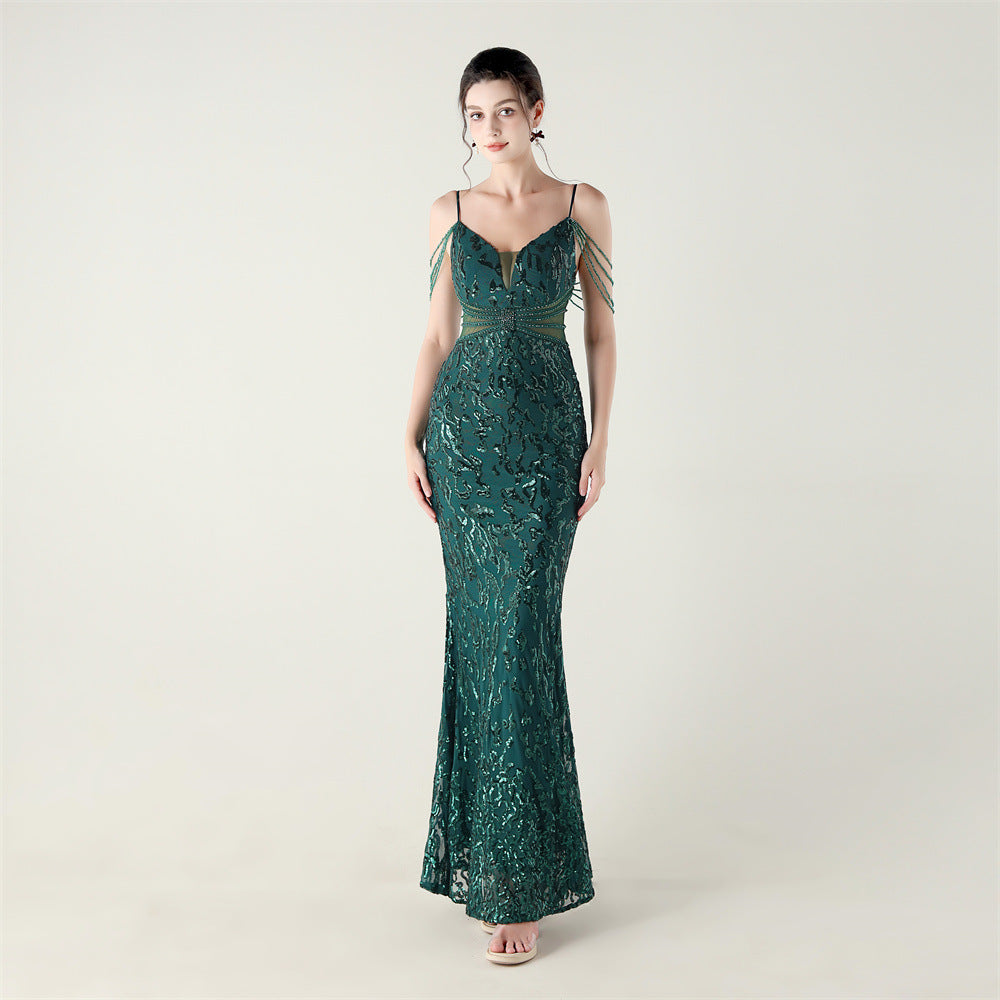 33396 # new heavy industry beaded mid-waist beaded fishtail evening dress, red carpet wedding banquet dress