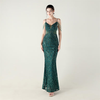 33396 # new heavy industry beaded mid-waist beaded fishtail evening dress, red carpet wedding banquet dress