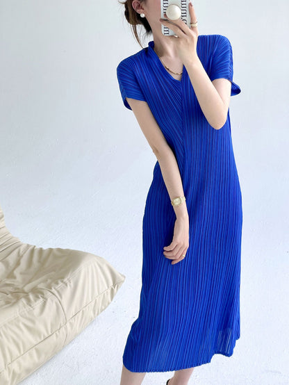 Pleats  summer new high-end design v-neck slim-fitting and thin Miyake dress temperament elegant long dress
