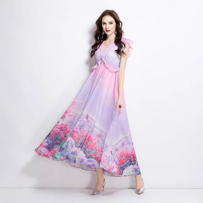 GRETA  spring new retro flower small fly sleeve long dress