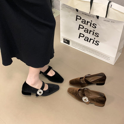 2025  Thousand gold elegant retro square head rhinestone buckle with Mary Jane shoes temperament suede thick heel single shoes women