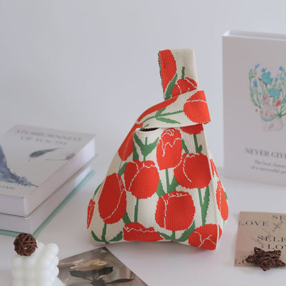 FLOWERSVERSE  INS Internet Hot New Handbag Women's Knitted Bag Japanese and Korean Style All-Match Hand Carrying Casual Tote Bag Factory Wholesale