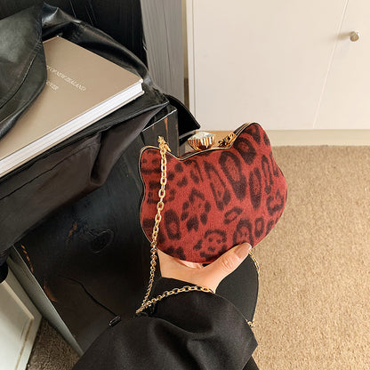 FLOWERSVERSE 2025 Niche design fashionable leopard print cat head small bag women's popular winter new light luxury shoulder bag tide chain messenger bag