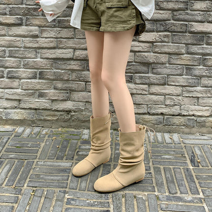 2025  Pile boots retro round head flat bottom niche cross strap frosted leather western cowboy boots wrinkled apricot short boots women