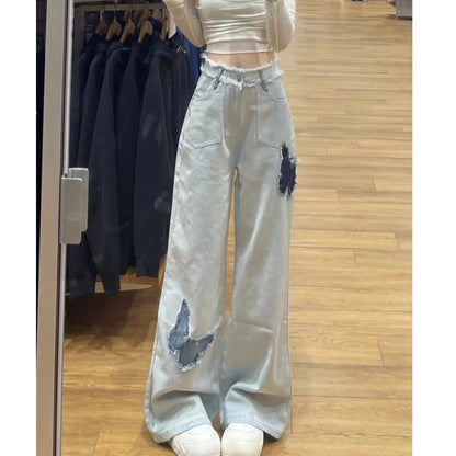 flowersverse Light Blue Rough Edges Butterfly Straight Jeans Women's Autumn New Embroidery Design Sense High Waist Loose and Slimming Wide Leg Pants