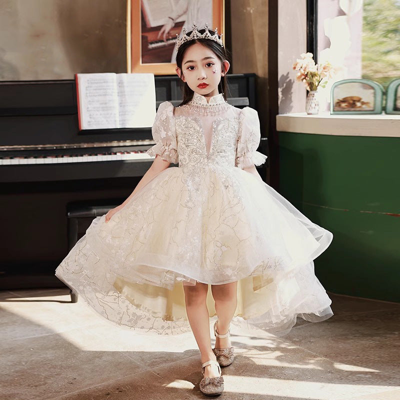 flowersverse Girls' Dress Light Luxury Minority High-End Children's Princess Dress Flower Girl's Wedding Dress Little Host Trailing Performance Dress