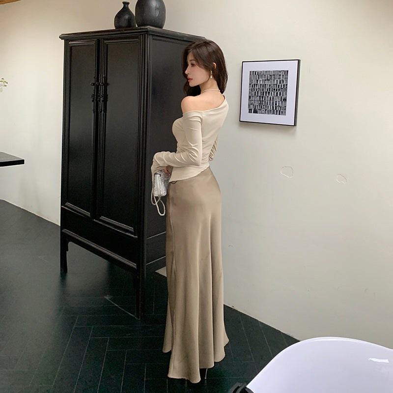 2025 Early autumn pure desire slanted shoulder design pleated waist top women's high sense imitation acetic acid A-shaped skirt skirt set