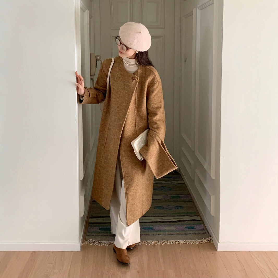 2025 Scarf collar, solid color horn buckle, one buckle, extended double-sided wool coat, woolen coat, women's warm autumn and winter